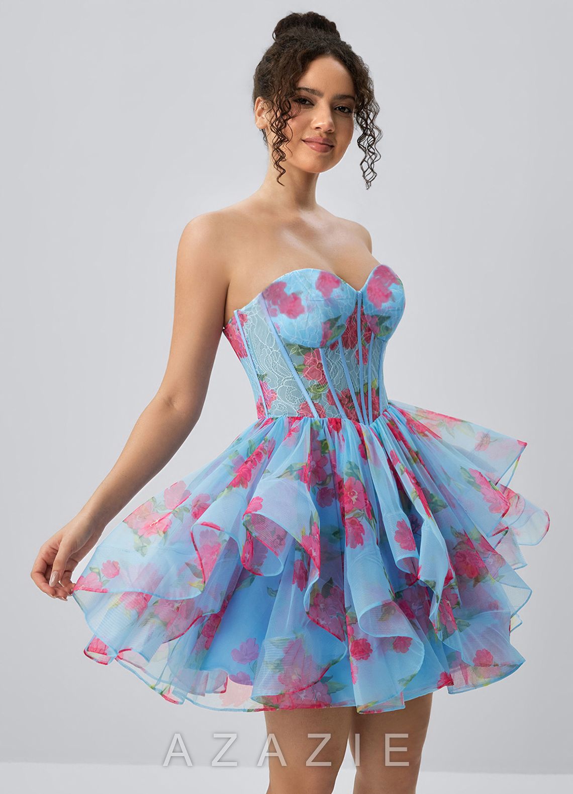 Reliau Blue Lace Print Tulle Corset A Line Lace-Up Mini Dress
