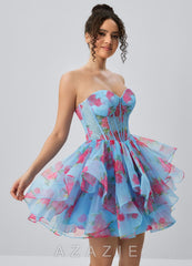 Reliau Blue Lace Print Tulle Corset A Line Lace-Up Mini Dress