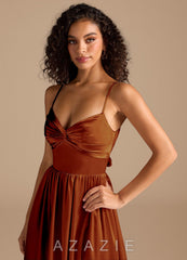 Azazie Zeya Auburn A-Line Pleated Metallic Satin Dress auburn