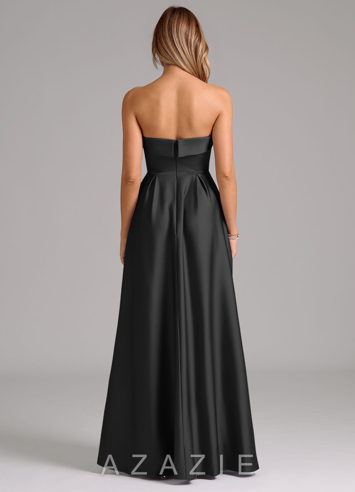 Azazie Lucienne Black A-Line Strapless Stretch Satin Convertible Dress black