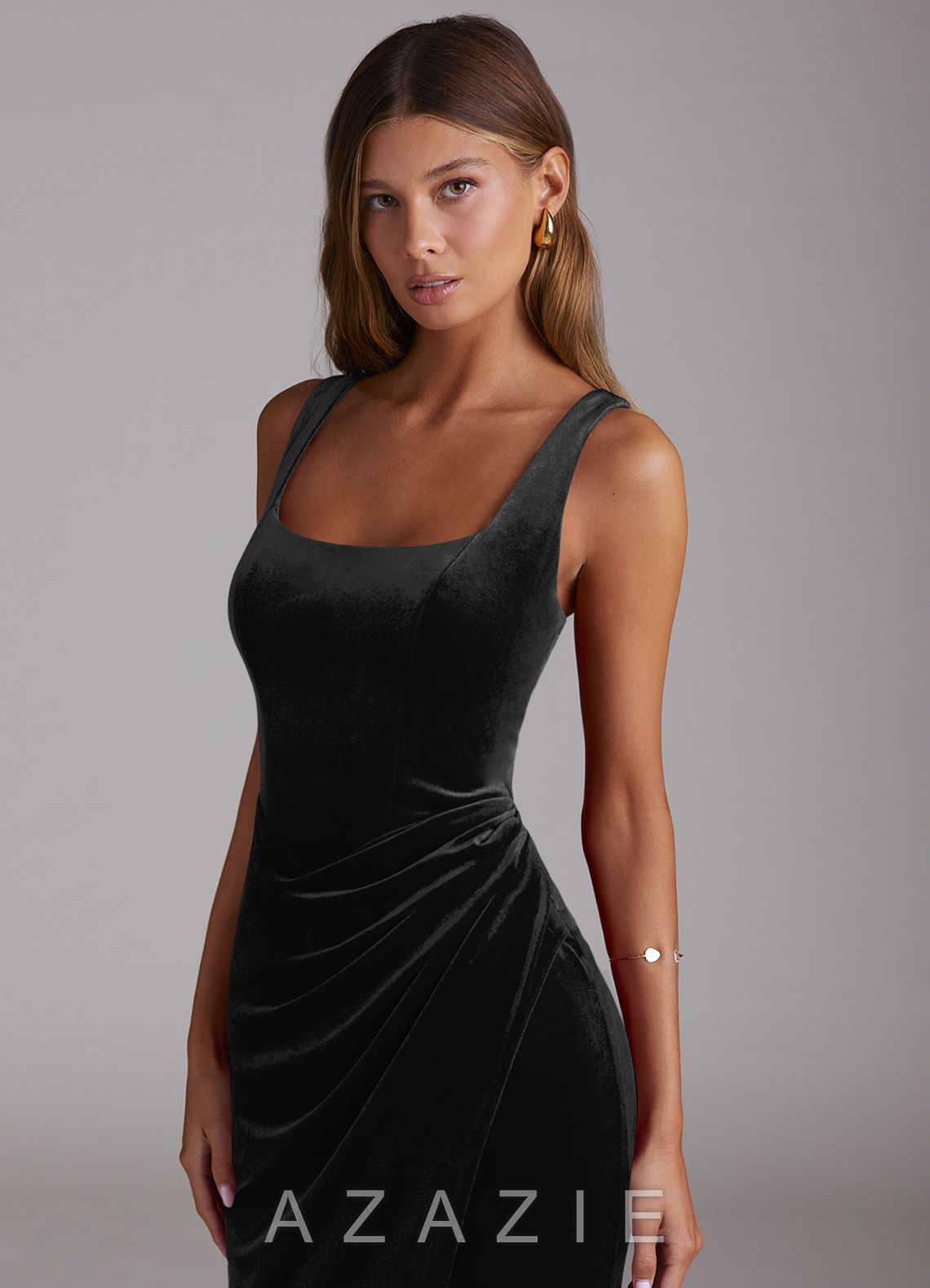 Azazie Mero Black Mermaid Pleated Velvet Dress black