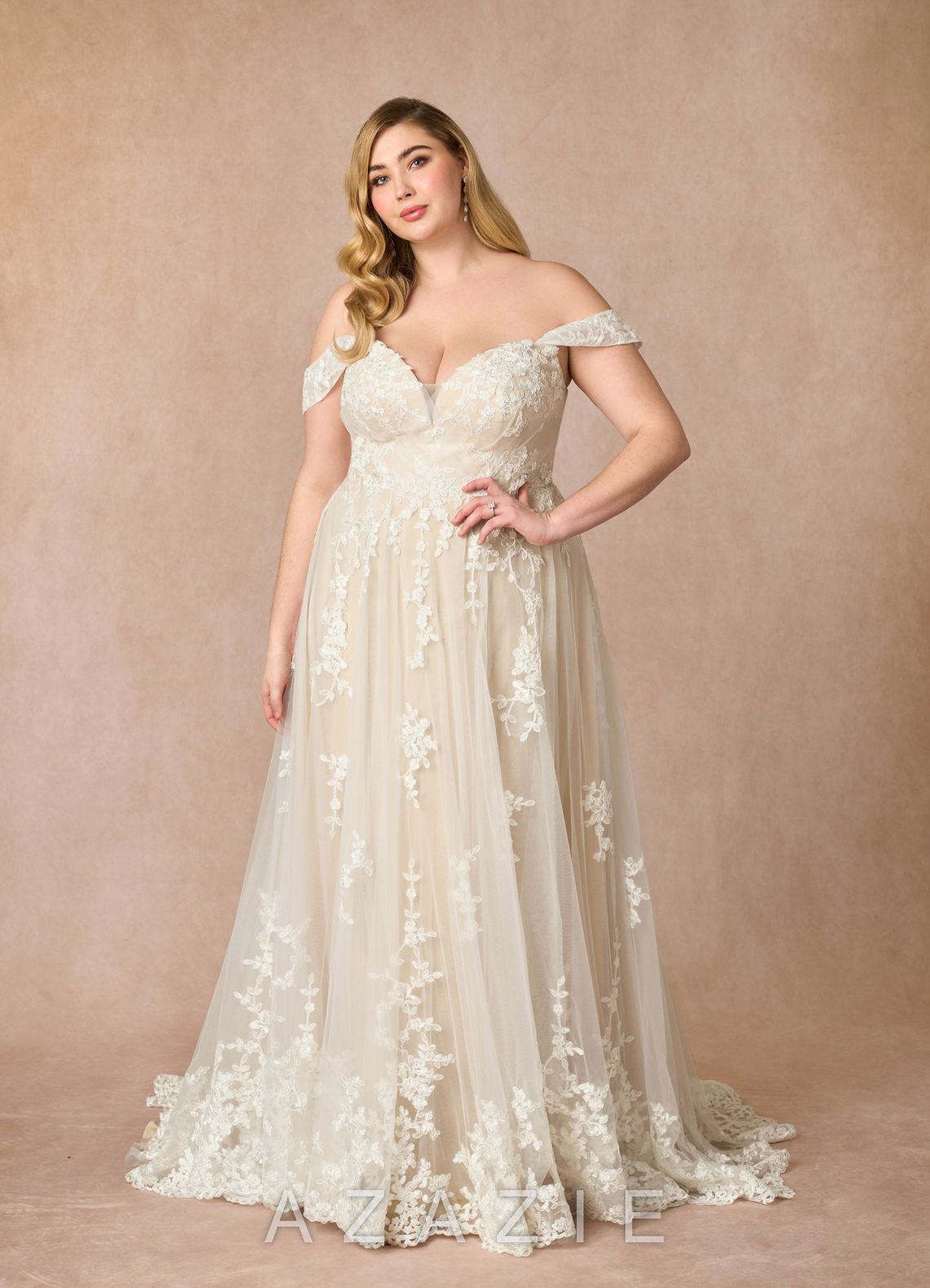 Azazie Botanica Wedding Dress Diamond White Champagne A-Line Off the Shoulder Tulle Dress diamond_white/champagne