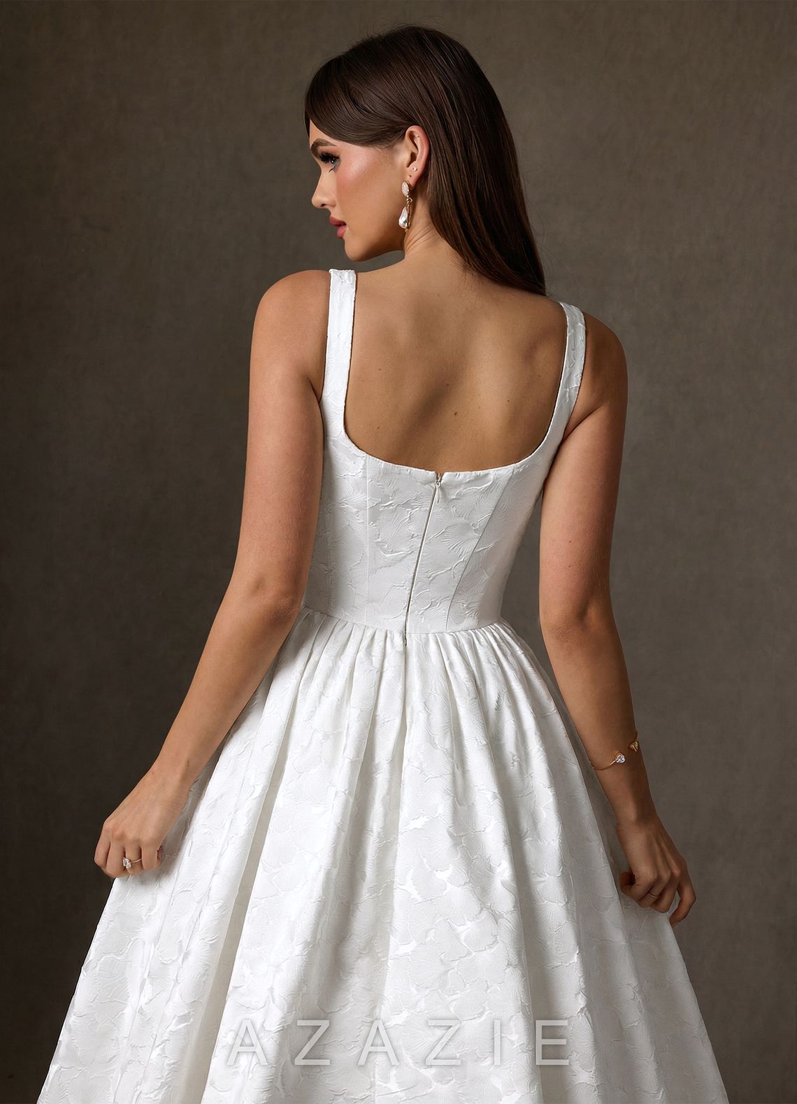 Azazie Verina Diamond White A-Line with Pockets Floral Jacquard Dress