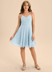 Azazie Avelina Junior Sky Blue A-Line Pleated Chiffon Dress