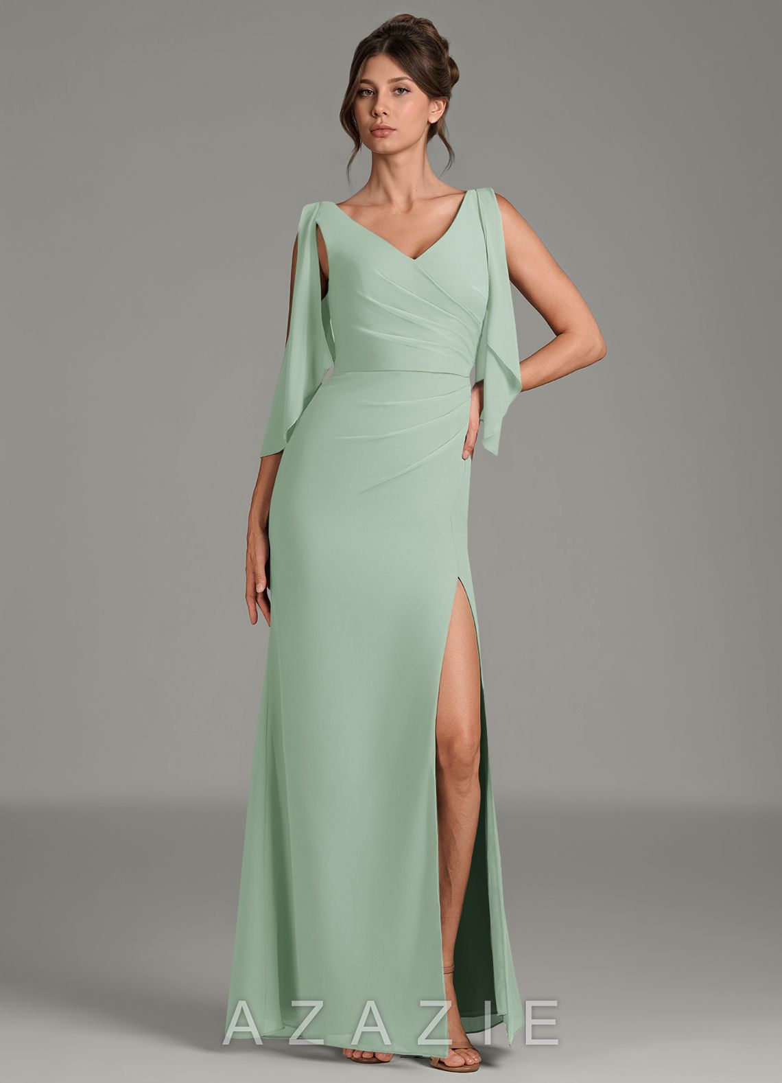 Azazie Kristen Agave Sheath Pleated Chiffon Dress agave