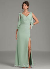 Azazie Kristen Agave Sheath Pleated Chiffon Dress agave
