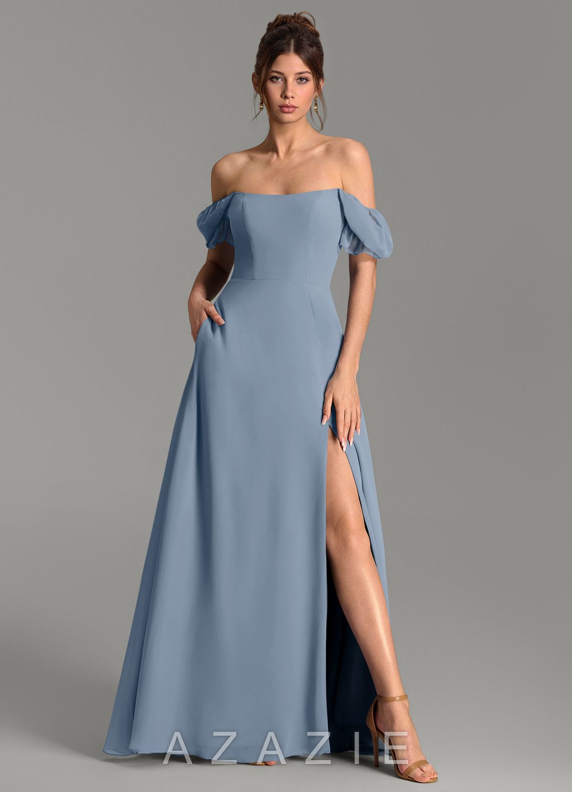 Azazie Jaden Dusty Blue A-Line with Pockets Chiffon Dress dusty_blue