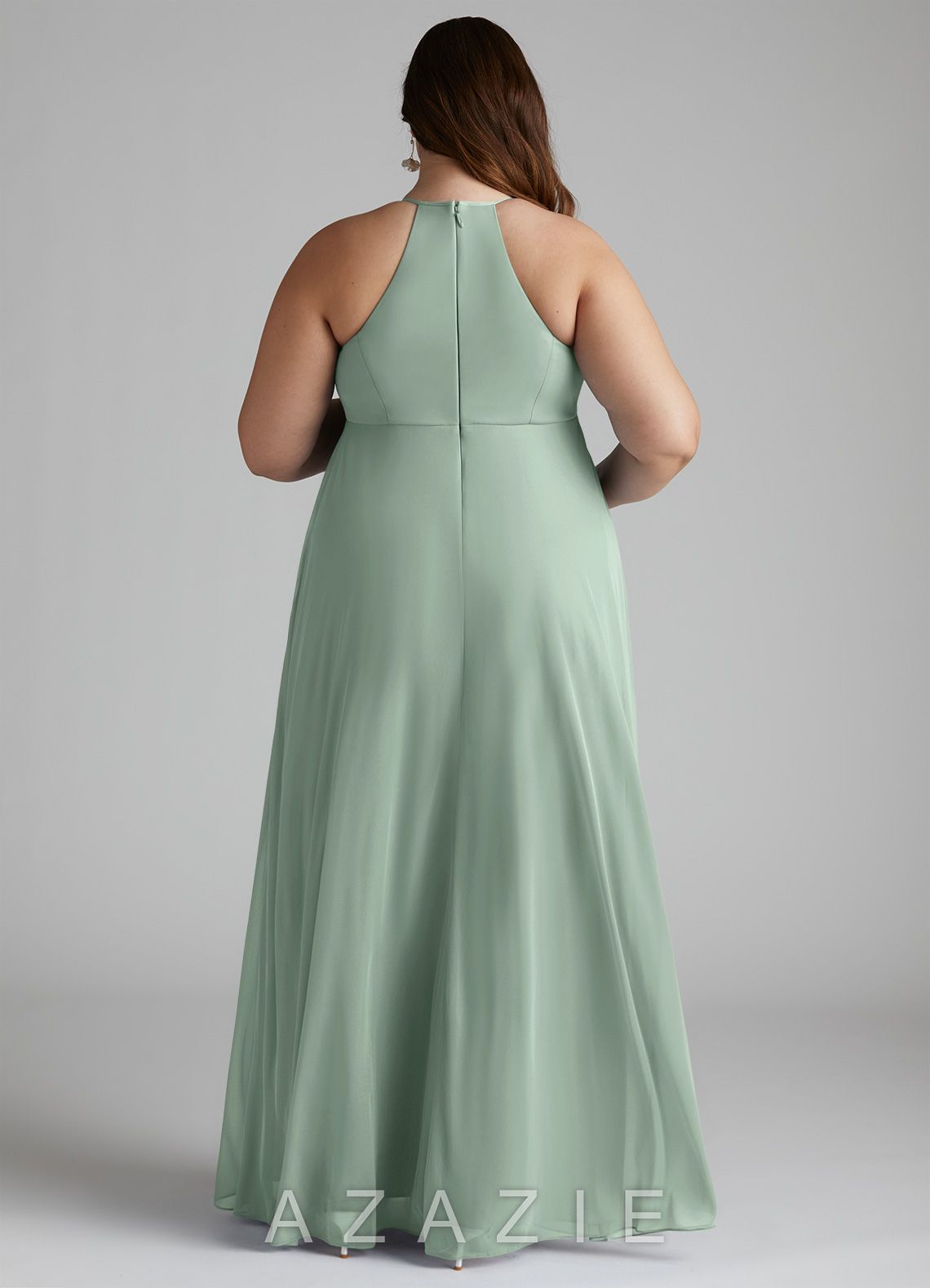 Azazie Annabelle A-Line V-Neck Pleated Mesh Floor-Length Dress agave