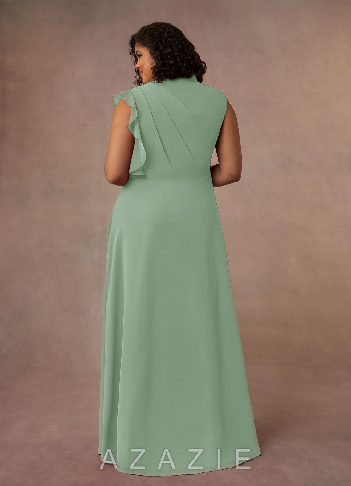 Azazie Narine Agave A-Line High Neckline Pleated Chiffon Dress agave
