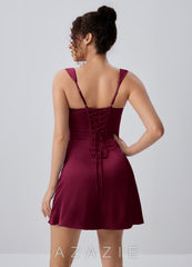 Isabeau Burgundy Satin Ruched Lace-Up Mini Dress