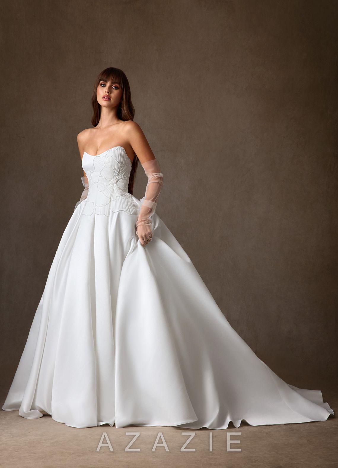 Azazie Harper Diamond White Ball-Gown Strapless Satin Dress