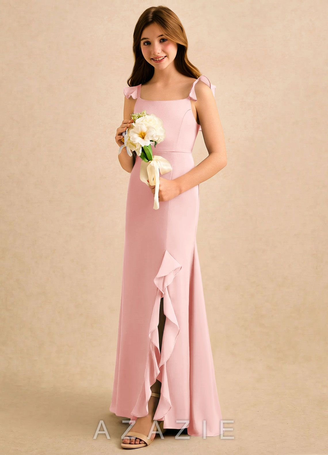 Azazie Novalie Girls Formal Powder Pink Mermaid Bow Stretch Satin Dress powder_pink