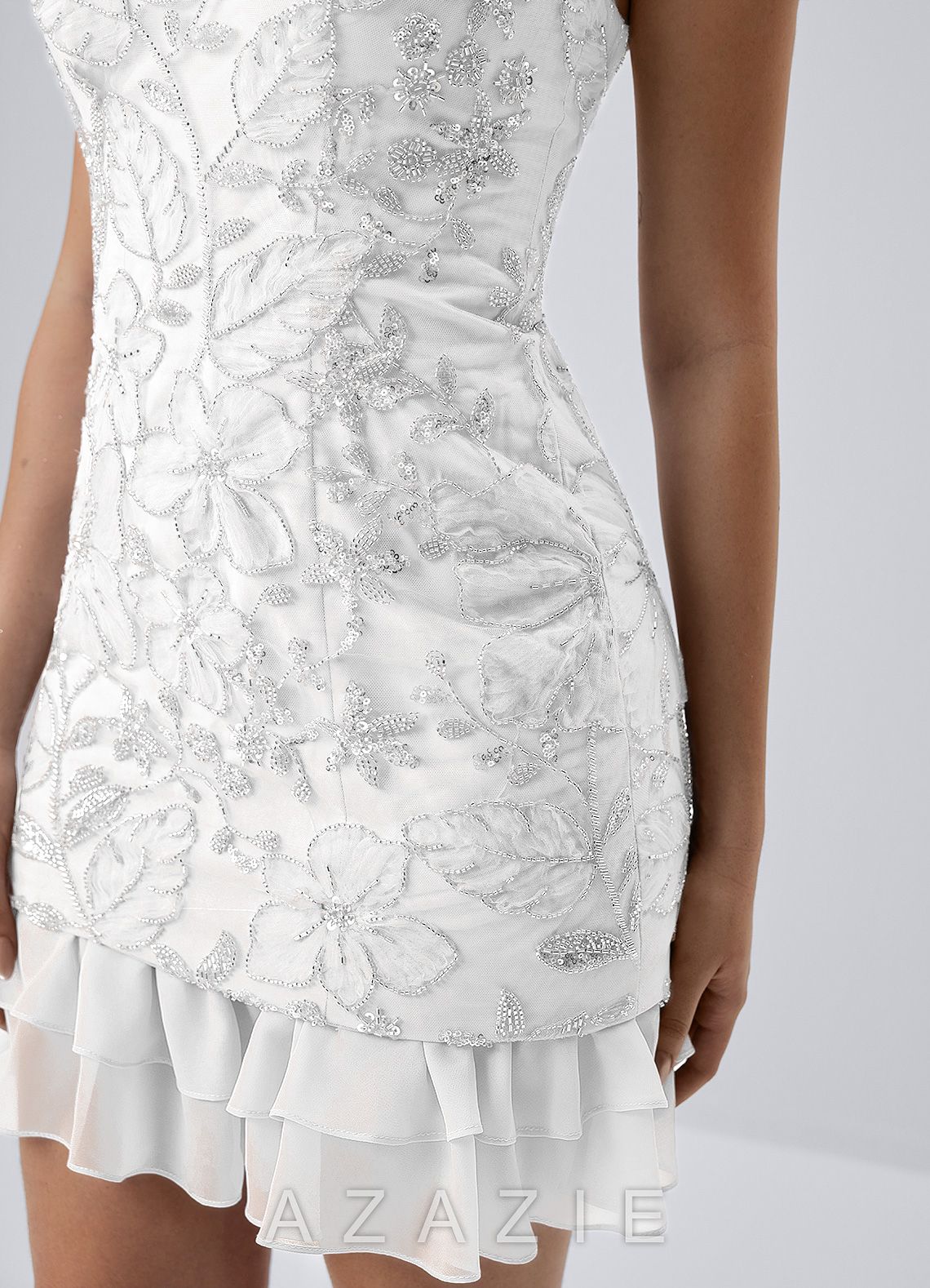Iris White Strapless Floral Beaded Ruffle Lace-Up Mini Dress
