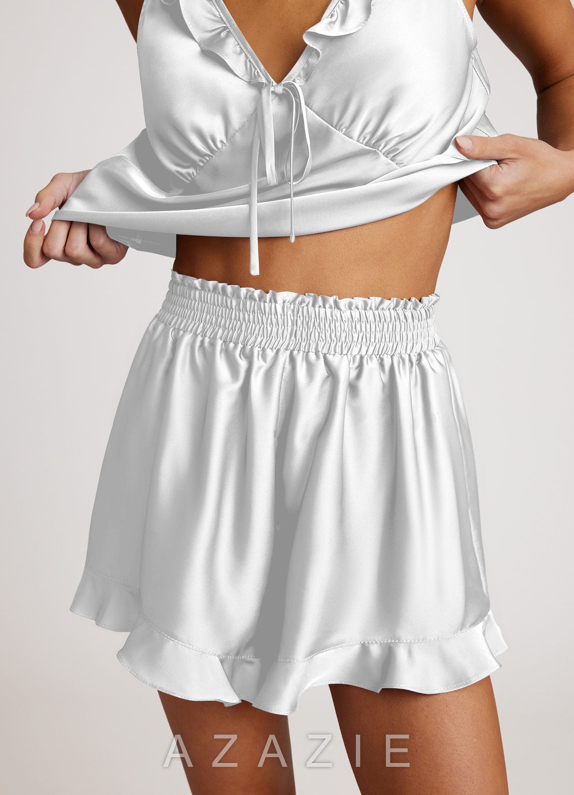 Satin Ruffled Pajama Set  white