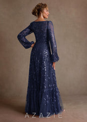 Azazie Mazie Dark Navy A-Line Lace Tulle Dress dark_navy