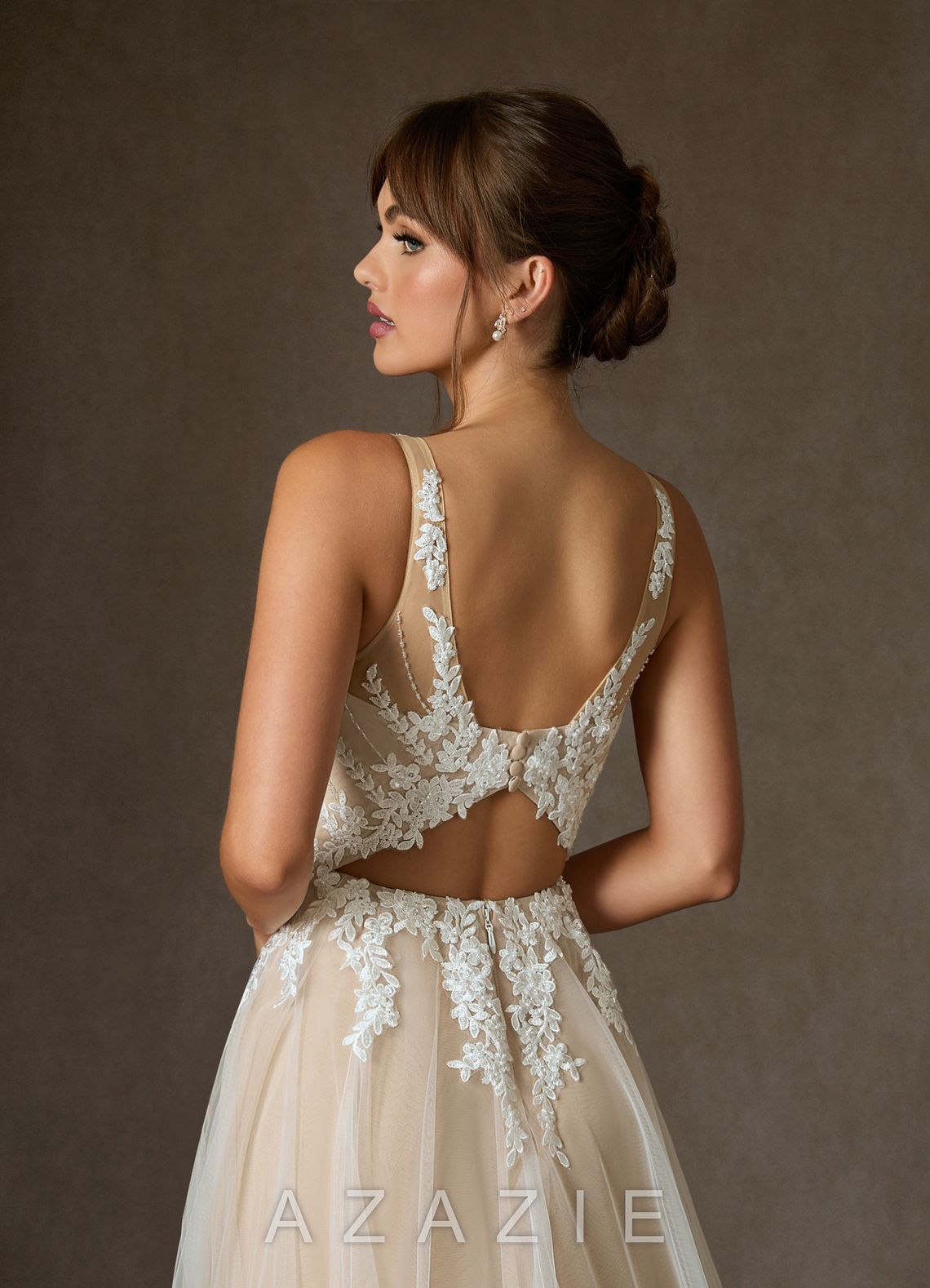 Azazie Goddess Wedding Dress Diamond White Champagne A-Line V-Neck Sequins Tulle Dress diamond_white/champagne