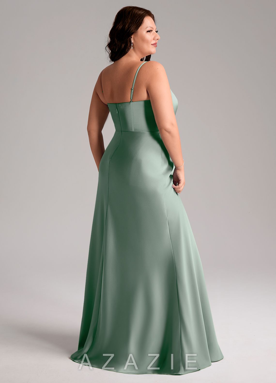 Azazie Lidia Agave Mermaid Side Slit Stretch Satin Dress agave