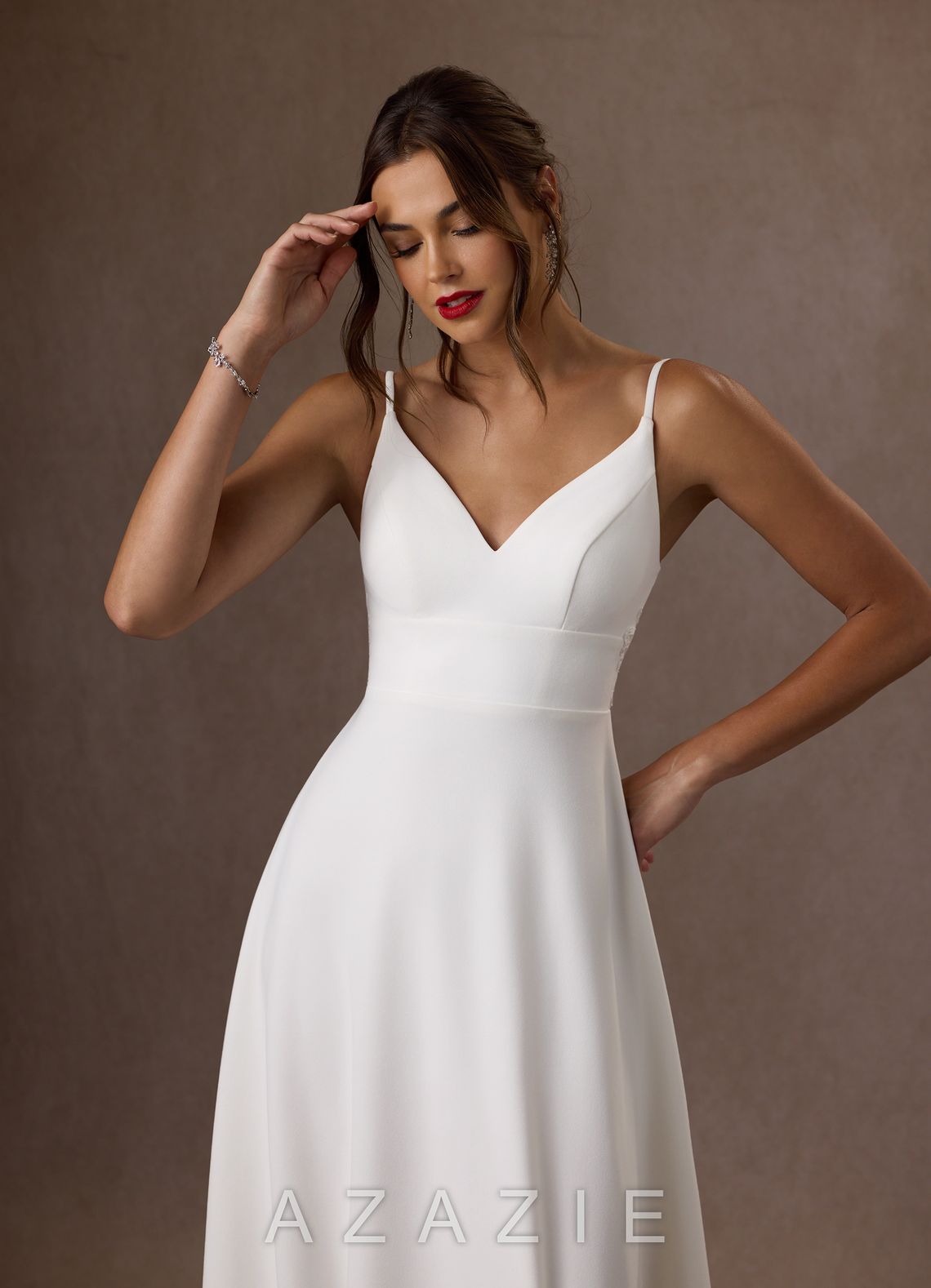 Azazie Xena Wedding Dress Diamond White A-Line V-Neck Sequins Stretch Crepe Dress diamond_white
