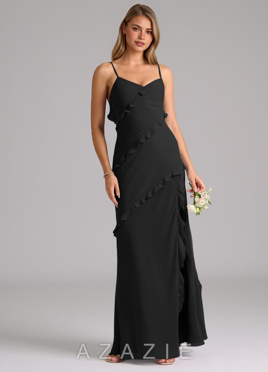 Azazie Nancie Black Mermaid Ruched Chiffon Dress black