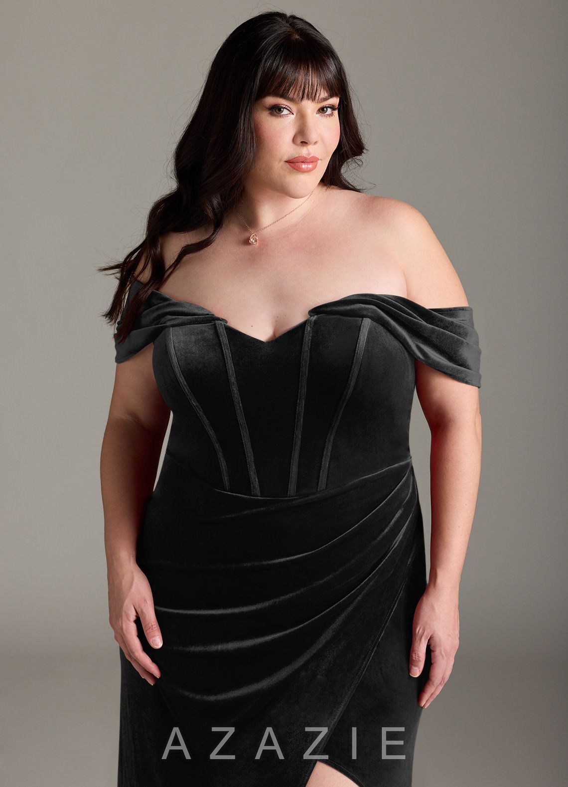 Azazie Jas Black Sheath Off-The-Shoulder Corset Velvet Convertible Dress black