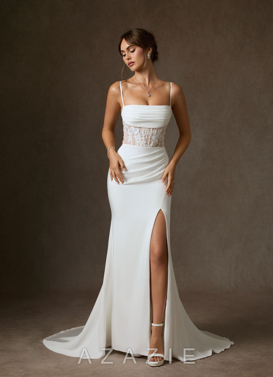 Azazie Alyce Diamond White Nude Mermaid Off the Shoulder Crepe Back Satin Dress