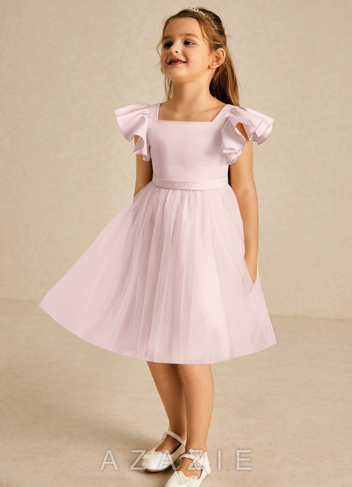 Azazie Kaeya Blushing Pink A-Line Bow Tulle Dress blushing_pink