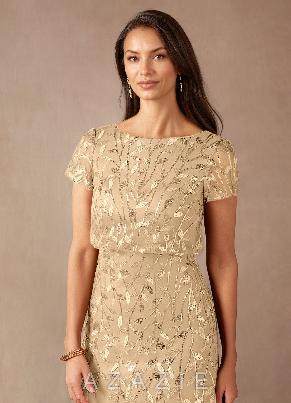 Azazie Lehi Champagne A-Line Sequins Dress champagne