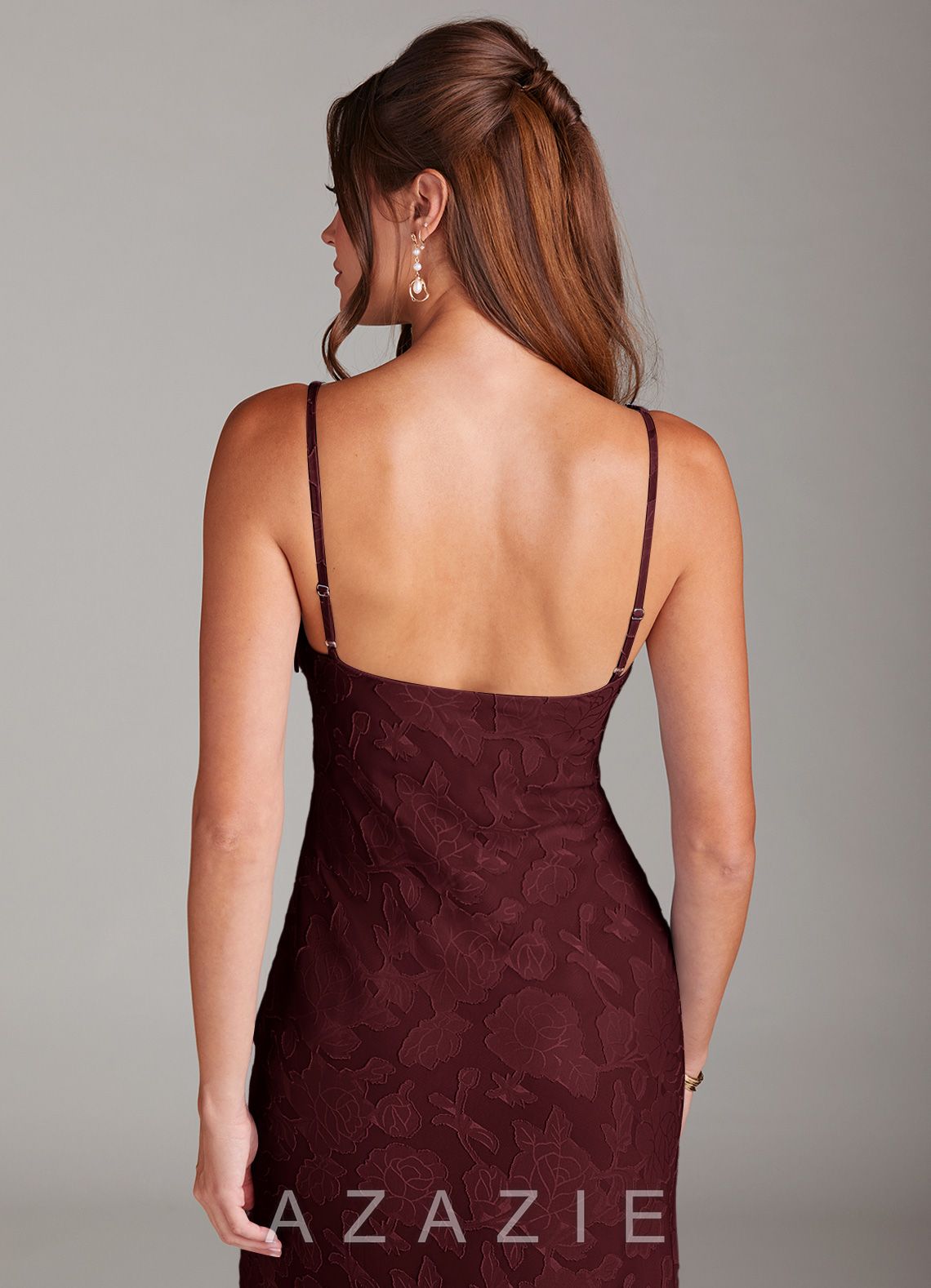 Azazie Tianna Cabernet Sheath Lace Floral Burnout Dress cabernet