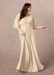 Azazie Oksana Champagne A-Line V-Neck Pleated Chiffon Dress champagne