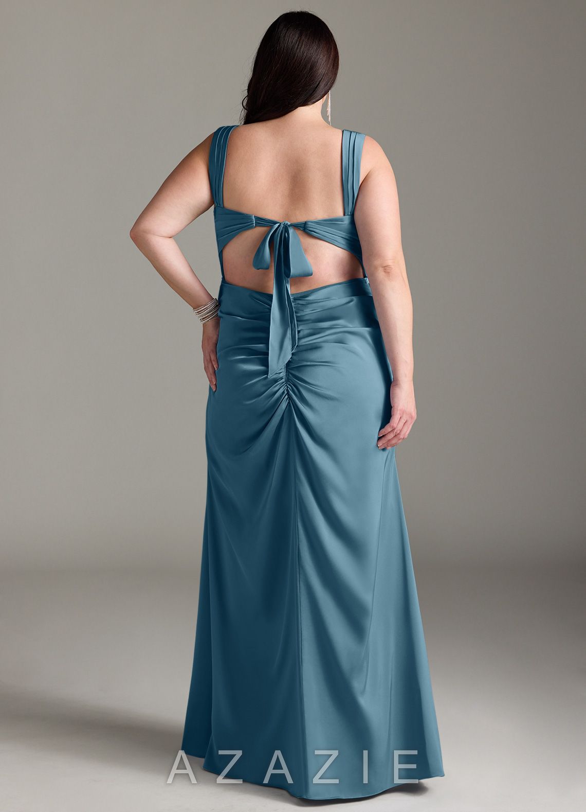 Azazie Jesaphine Bermuda Sheath Bow Stretch Satin Dress bermuda