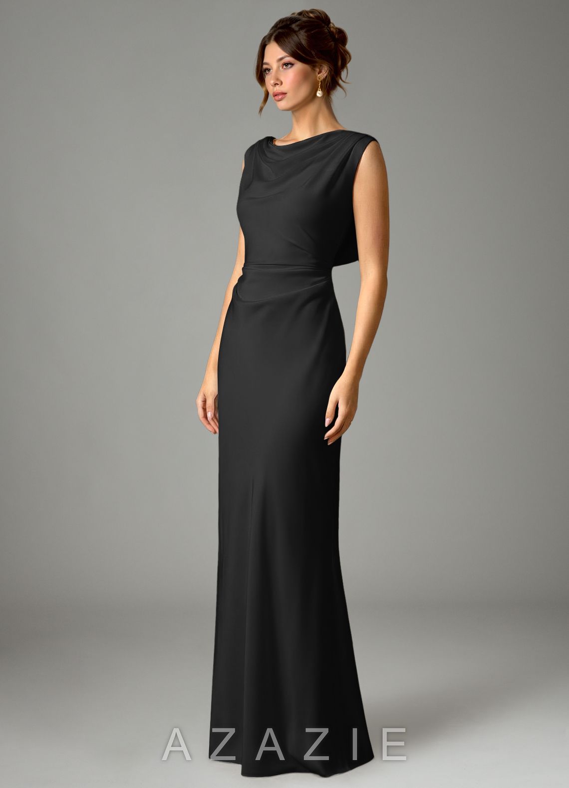Azazie Kieryn Black Mermaid Pleated Stretch Satin Dress black