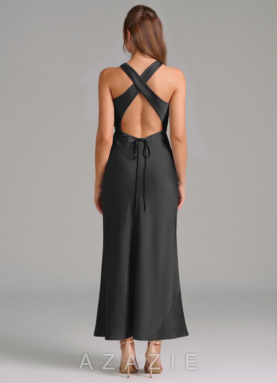 Azazie Evadne Black Sheath Pleated Stretch Satin Dress black