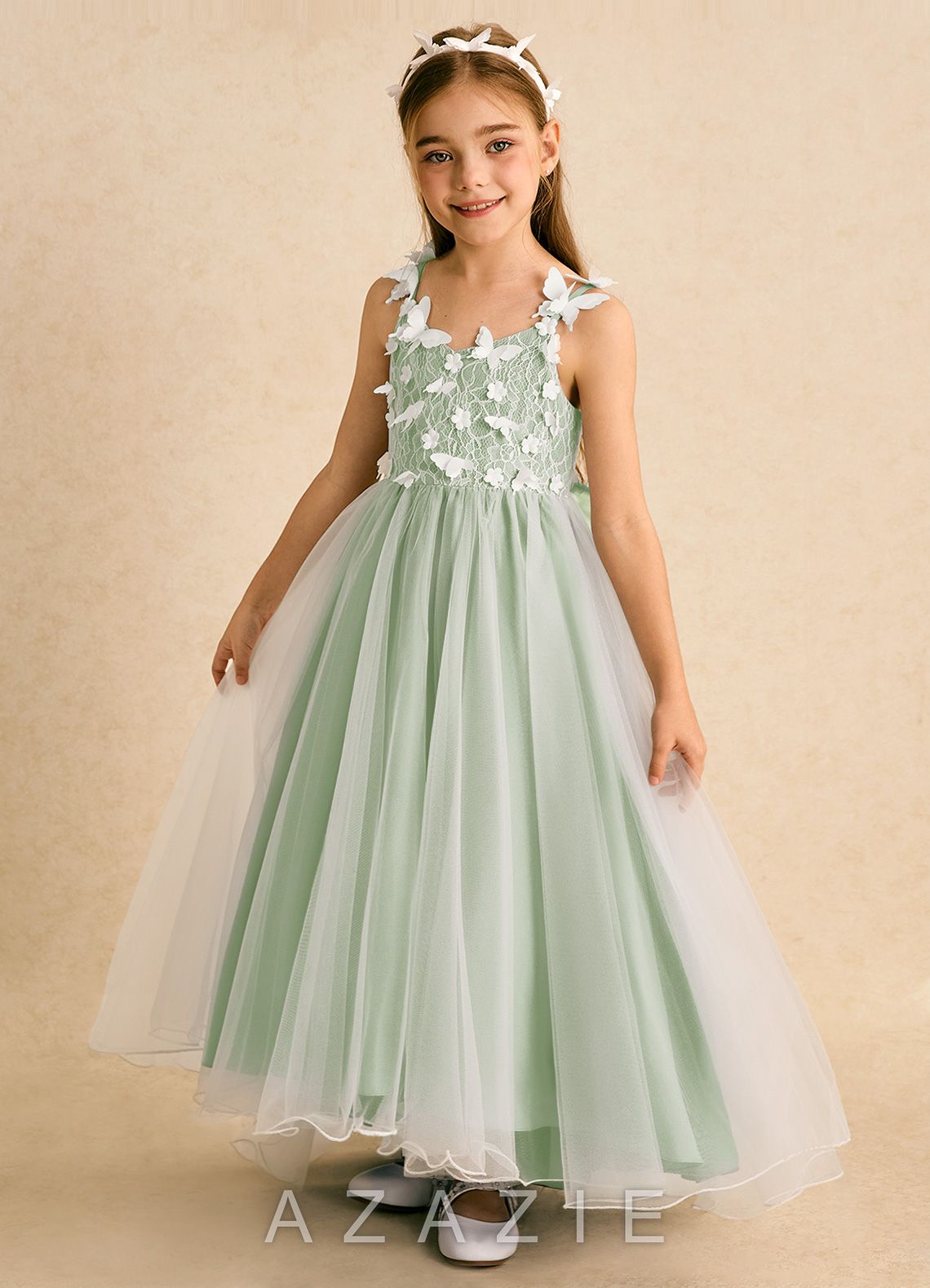 Azazie Darlina Ivory Dusty Sage Ball-Gown Lace Tulle Dress ivory/dusty_sage