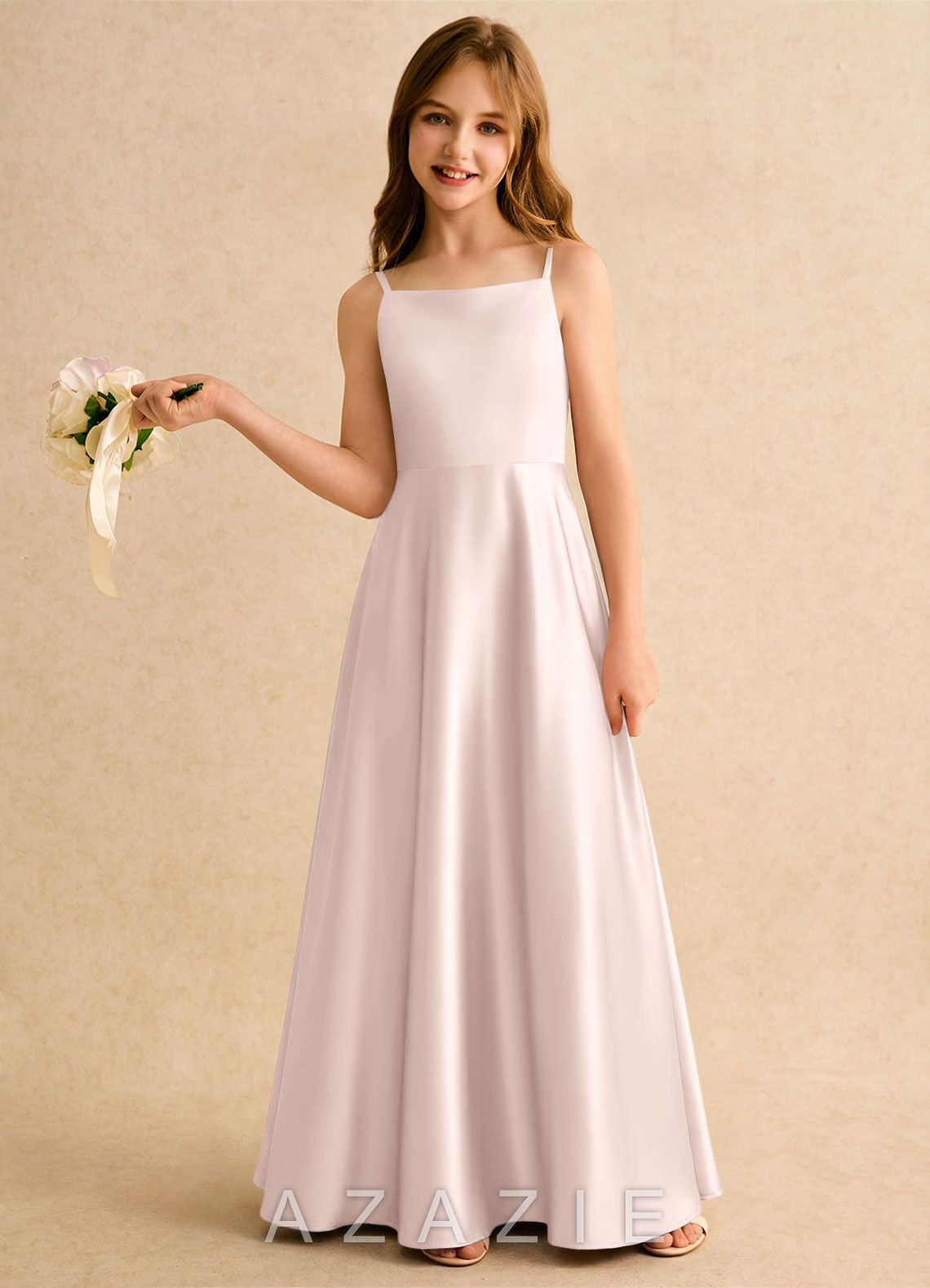 Azazie Joella Girls Formal Blushing Pink A-Line Pleated Stretch Satin Dress blushing_pink