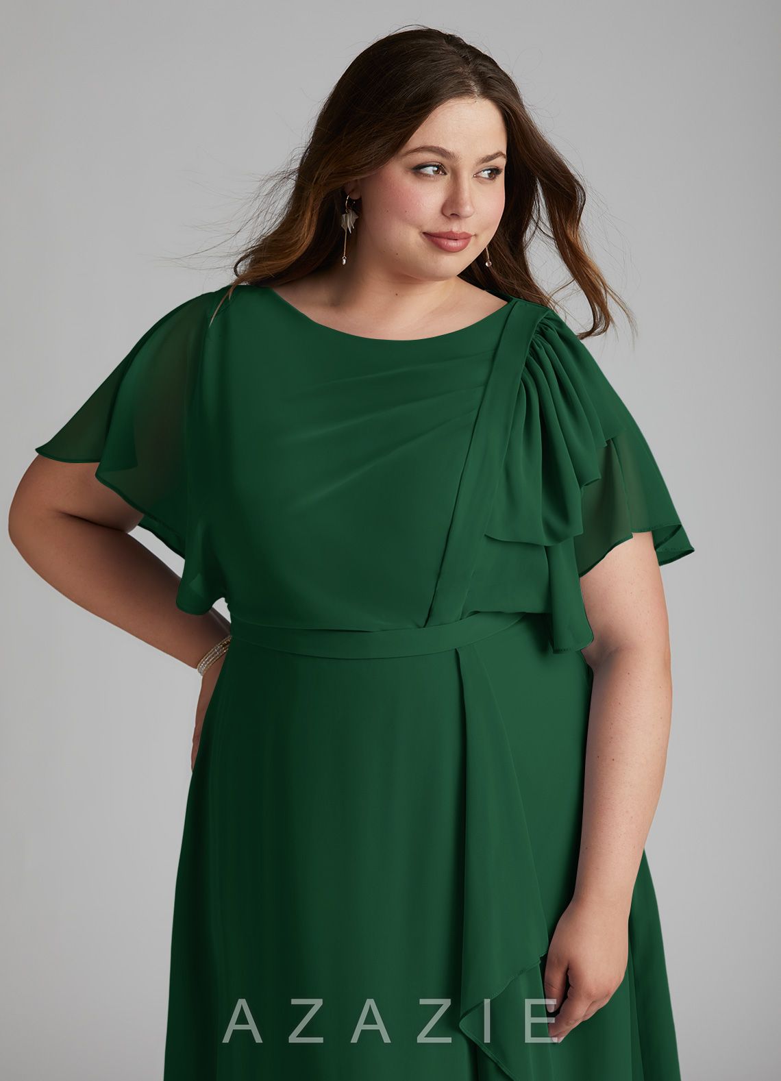 Azazie Aaliyah A-Line Scoop Pleated Chiffon Floor-Length Dress dark_green