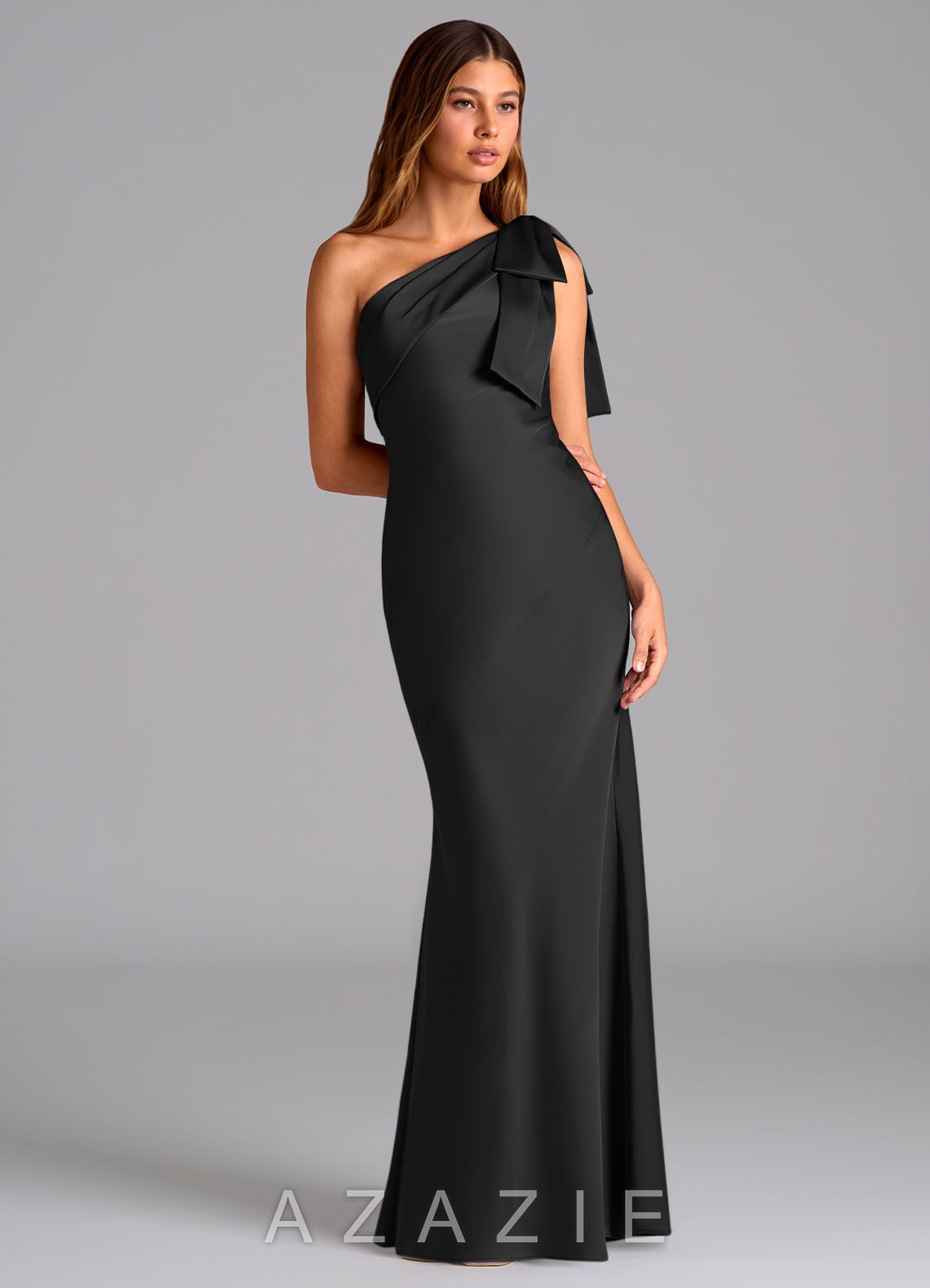 Azazie Yuanna Black Mermaid One Shoulder Stretch Satin Dress black