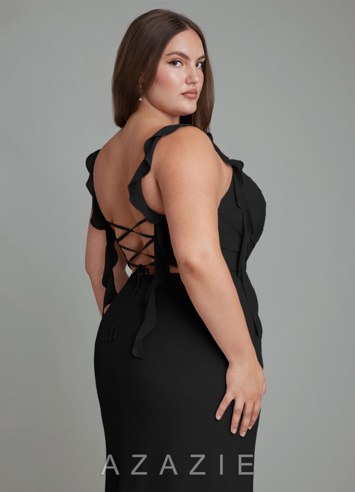 Azazie Jessamine Black Mermaid Corset Chiffon Dress black