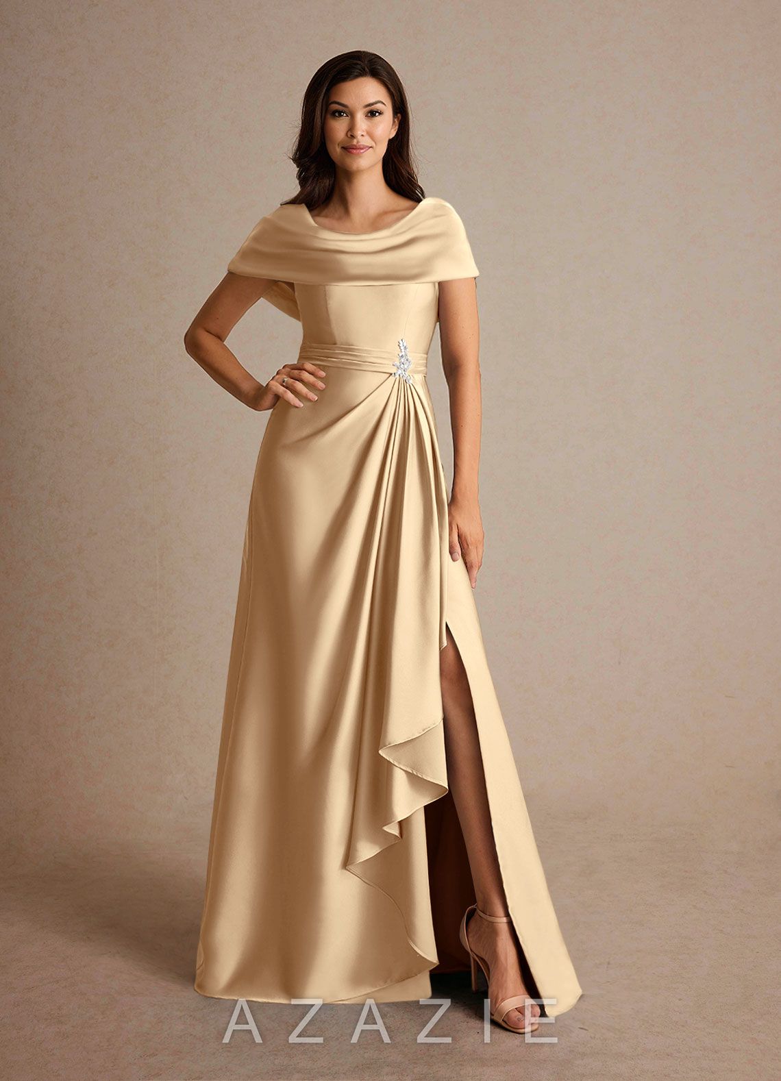 Azazie Branford Champagne A-Line Pleated Stretch Satin Dress champagne