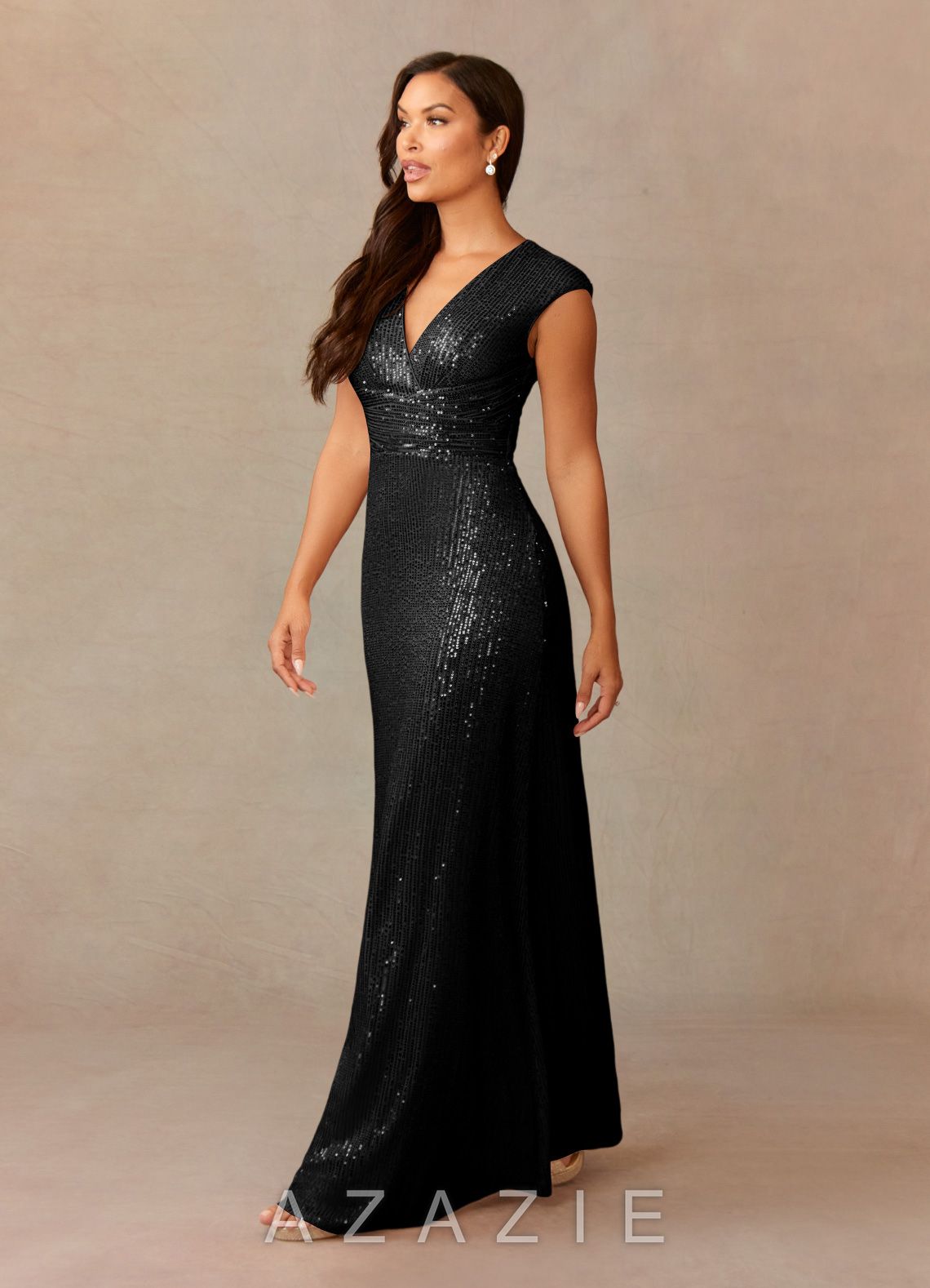Azazie Sacramento Black A-Line Ruched Sequins Dress black
