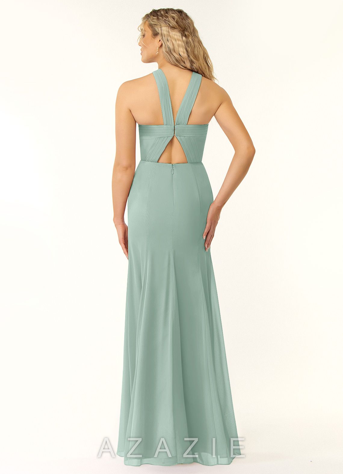 Azazie Rue Agave A-Line Halter Chiffon Dress agave