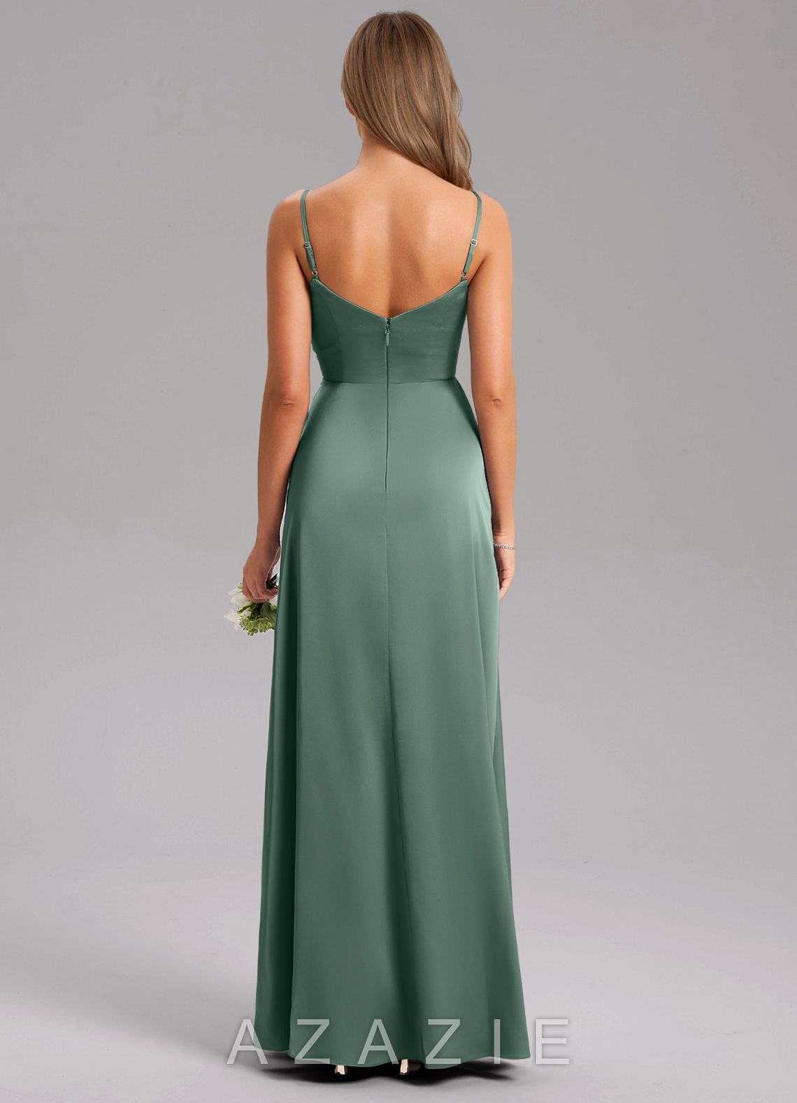 Azazie Azuree Eucalyptus A-Line Pleated Stretch Satin Dress eucalyptus