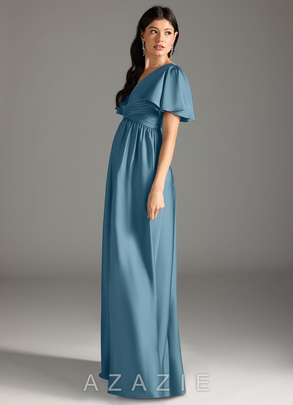 Azazie Verna A-Line Ruched Stretch Satin Floor-Length Dress bermuda