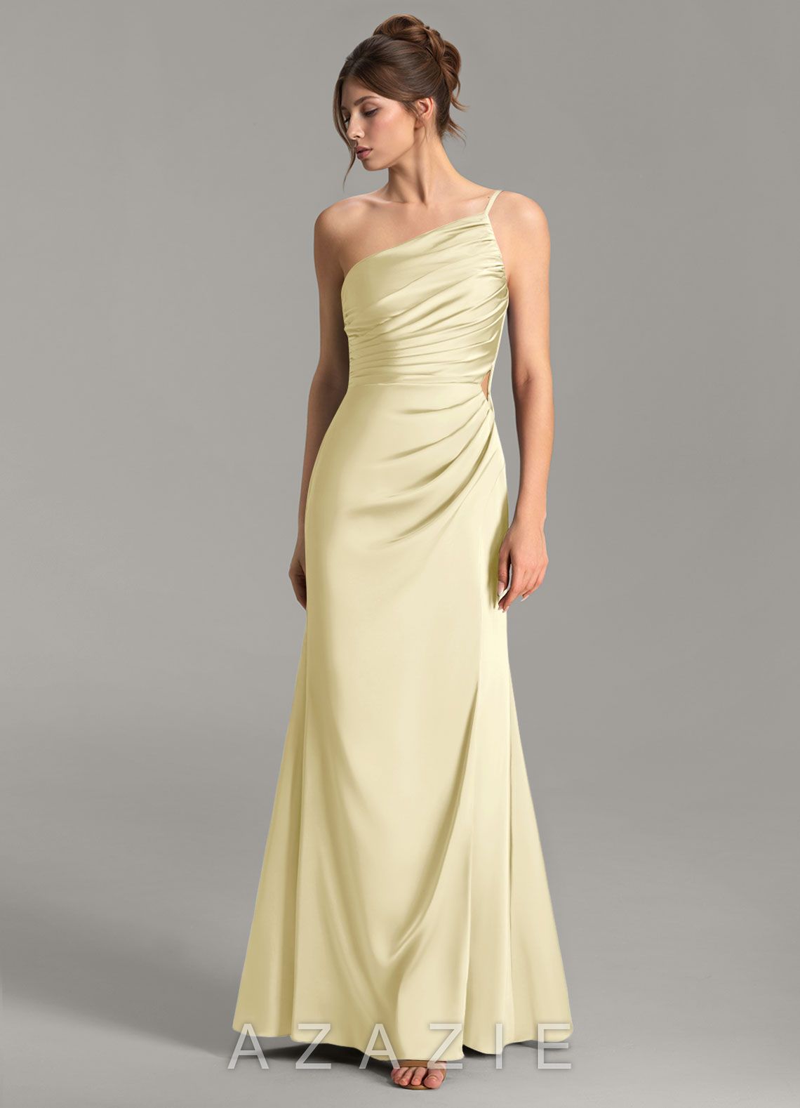 Azazie Hudsyn Lemon Sorbet Mermaid One Shoulder Stretch Satin Dress lemon_sorbet