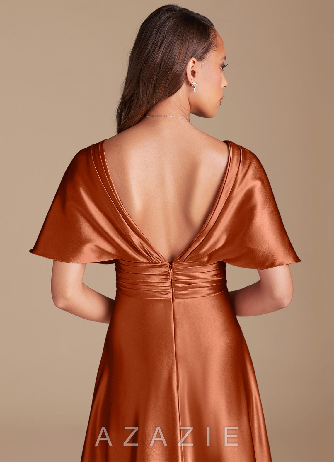 Azazie Pamela Auburn A-Line Pleated Metallic Satin Dress auburn