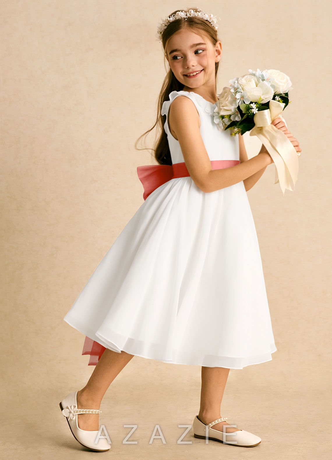 Azazie Dani Ivory Salmon Pink A-Line Bow Chiffon Dress ivory/salmon_pink