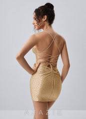 Saliris Champagne Rhinestone Stretch Satin Open Back Lace-Up Mini Dress