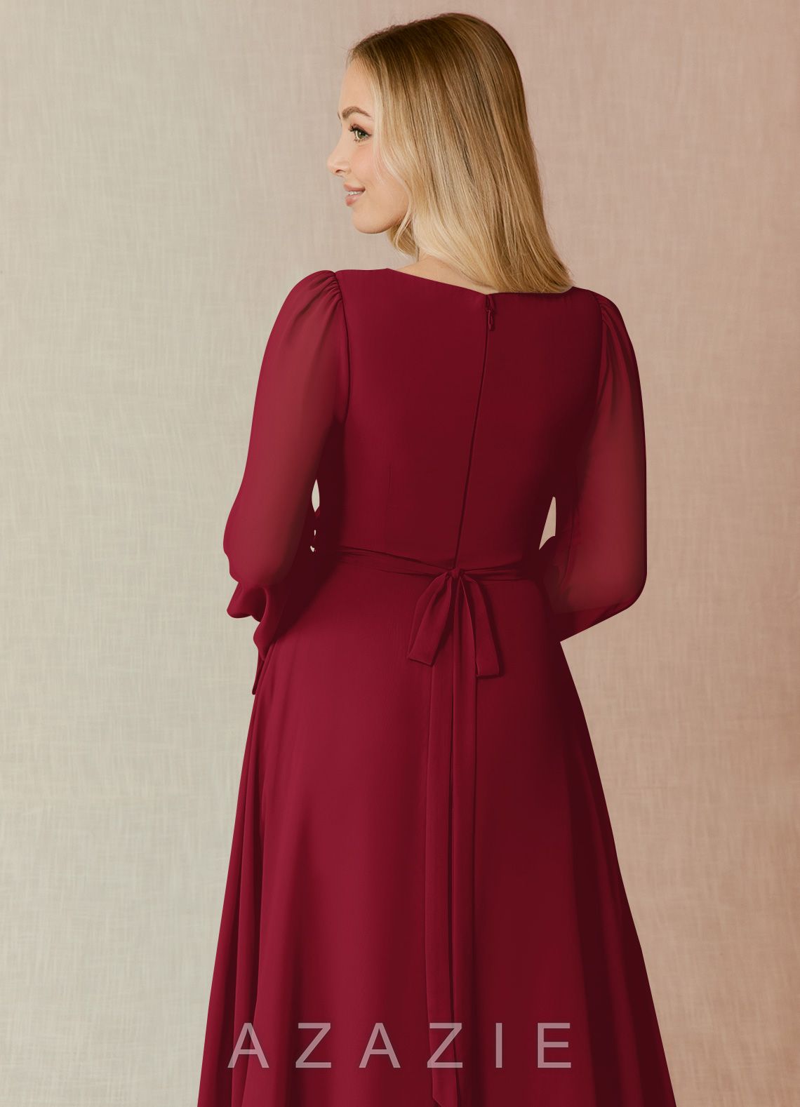 Azazie Leonia Burgundy A-Line Long Sleeve Chiffon Dress burgundy