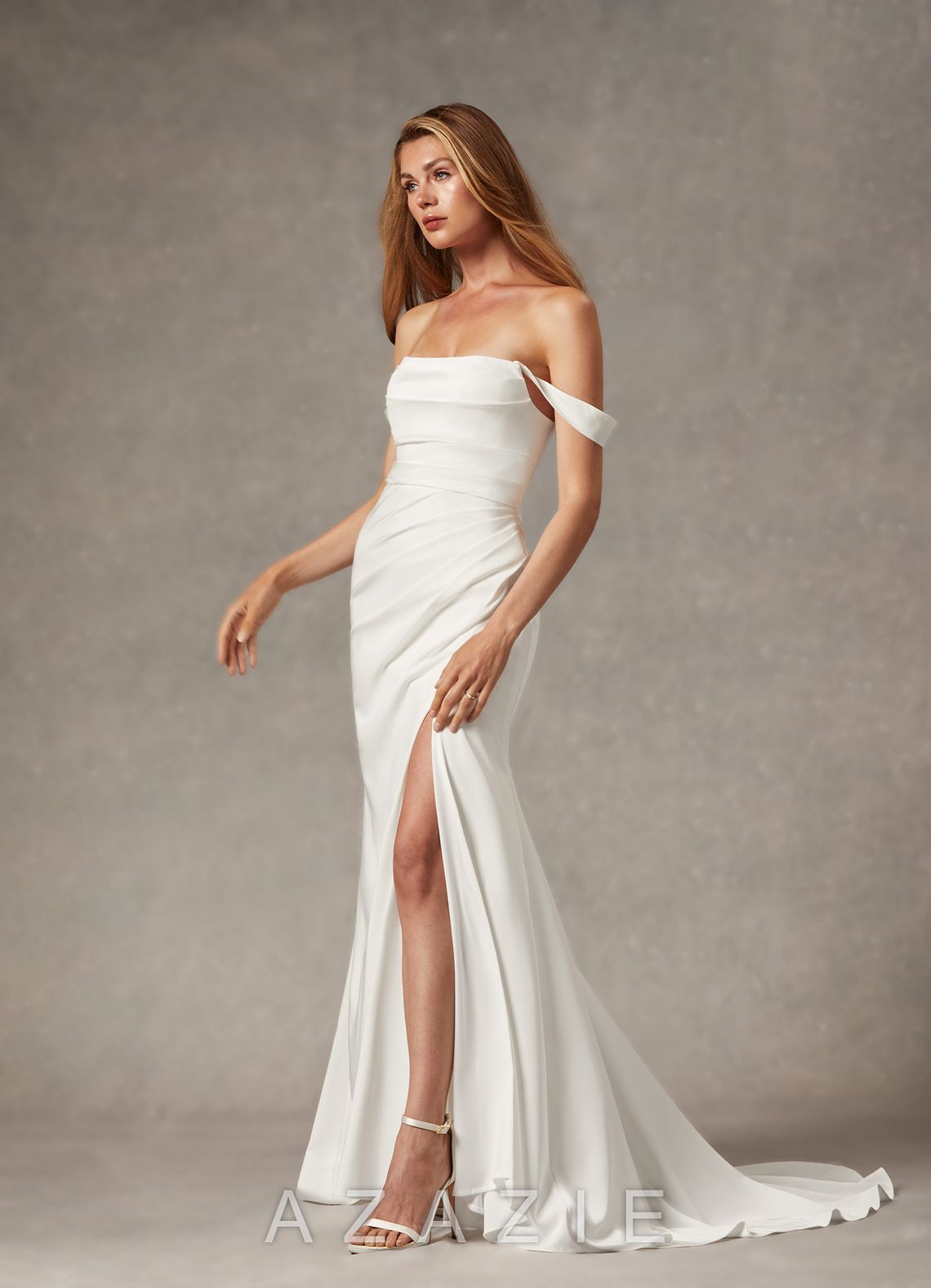 Azazie Moonlight Wedding Dress Diamond White Mermaid Scoop Pleated Crepe Back Satin Dress diamond_white