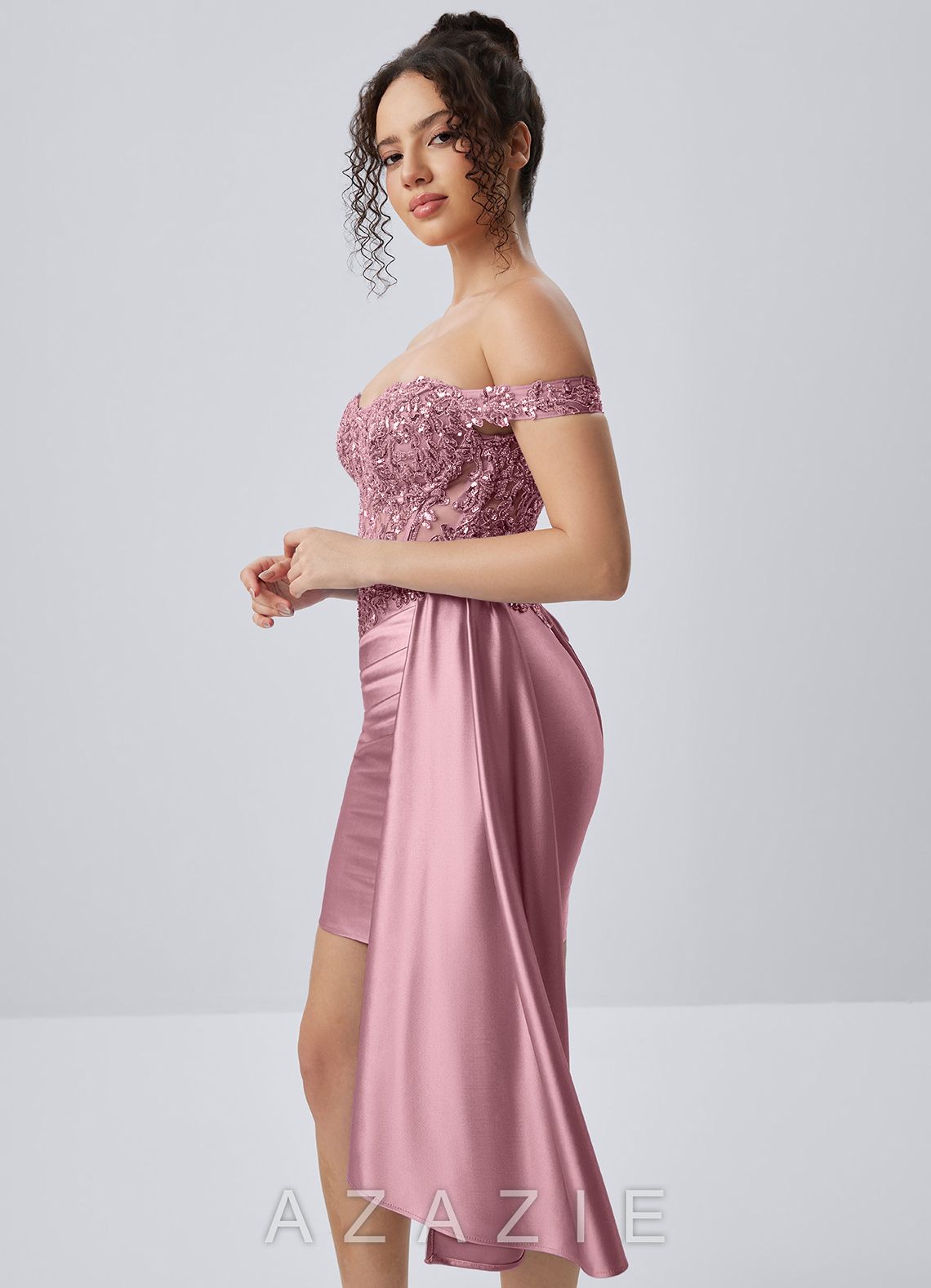 Oralien Dusty Pink Beading Sequin Embroidery Stretch Satin Ruffles Corset Lace-U
