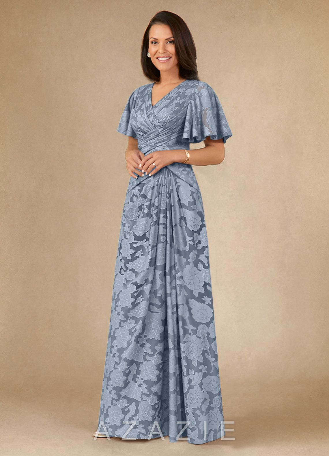 Azazie Emmeline Dusty Blue A-Line Pleated Floral Burnout Dress dusty_blue